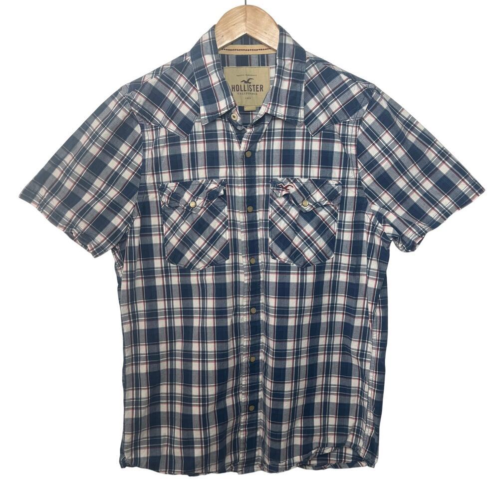 Vintage Hollister Western Pearl Snap Shirt Mens Size L Blue Plaid‎ Short Sleeve